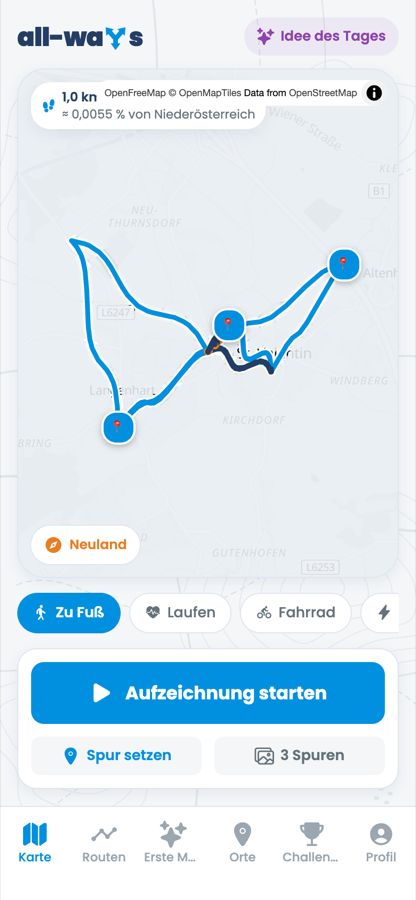 Die Karte von all-waYs: erkundete Wege sind frei, der Rest liegt im Nebel