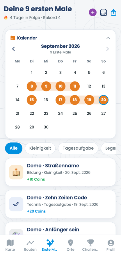 Sammlung der Ersten Male mit Kalender und Streak